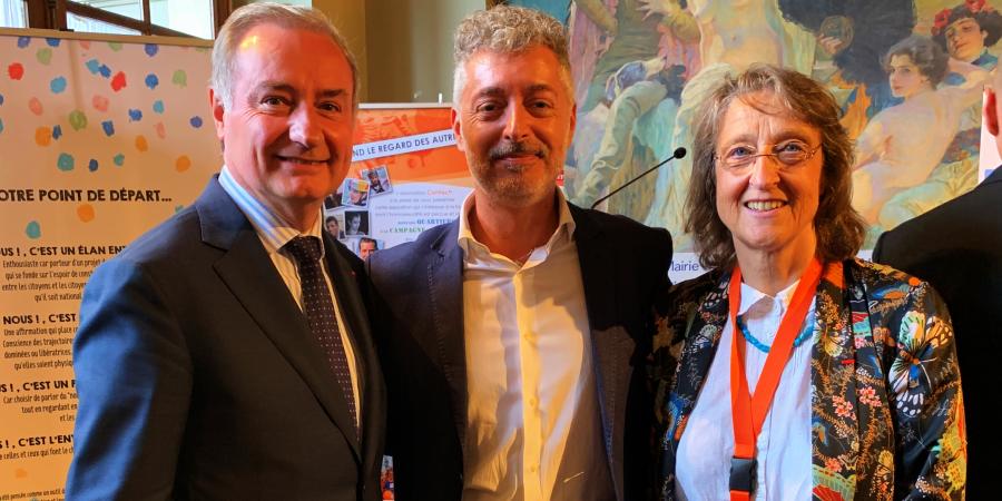 The reelected President of ECCAR, Benedetto Zacchiroli with the Mayor of Toulouse Jean-Luc Moudenc (left) and the Deputy Mayor, Nicole Miquel-Belaud (right)